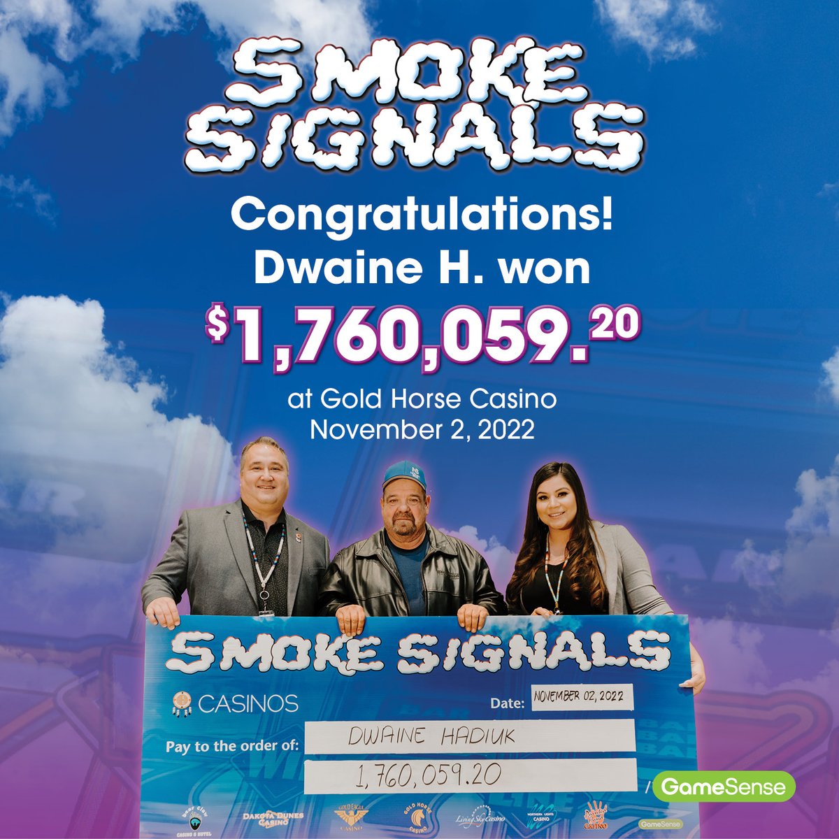 SIGA (@homesiga) on Twitter photo SIGA and
<a href="/GoldHorseCasino/">Gold Horse Casino</a> announced today that the Smoke Signals jackpot was won for more than $1.7 million by Dwaine Haduik. The farmer from the Lashburn, Saskatchewan area, hit big on the Smoke Signals jackpot Wednesday afternoon.
siga.ca/smoke-signals-…
#jackpot #winnings #sk SIGA and
<a href="/GoldHorseCasino/">Gold Horse Casino</a> announced today that the Smoke Signals jackpot was won for more than $1.7 million by Dwaine Haduik. The farmer from the Lashburn, Saskatchewan area, hit big on the Smoke Signals jackpot Wednesday afternoon.
siga.ca/smoke-signals-…
#jackpot #winnings #sk