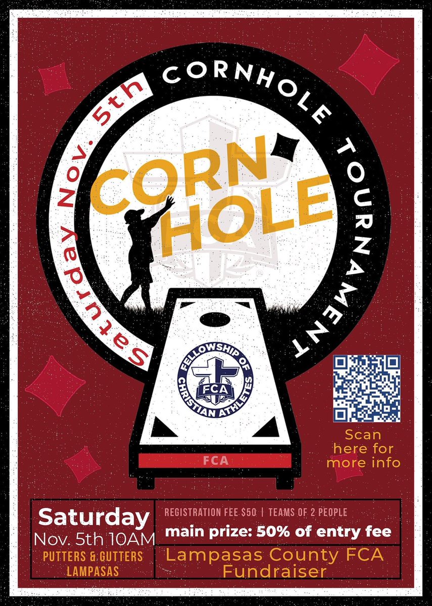 LampasasFCA's tweet photo. Come out and support FCA tomorrow morning!! Sign up with the QR code below!! We are going to have some awesome items for the silent auction as well!! The fun starts at 10 am at Putters and Gutters!! https://t.co/cADBQpTWiu