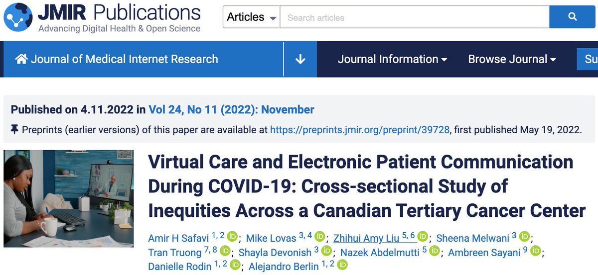 #VirtualCare was 💨 adopted for #cancer care at #COVID19 onset. Were equitable access &amp; experience maintained?

Now in <a href="/jmirpub/">JMIR Publications</a>! dlvr.it/ScDk44

🧵from our team (<a href="/aleberlin2/">Alejandro (Ale) Berlin</a> <a href="/mlovas/">Mike Lovas</a> <a href="/SheenaMelz/">Sheena Melwani</a> <a href="/SayaniAmbreen/">Ambreen Sayani</a> <a href="/daniellerodin/">Danielle Rodin</a>) <a href="/pmcancercentre/">Princess Margaret Cancer Centre</a> <a href="/RadMedPM/">Radiation Medicine Program</a> <a href="/UofTDRO/">Radiation Oncology</a> <a href="/PM_CDI/">Cancer Digital Intelligence</a> 1/6