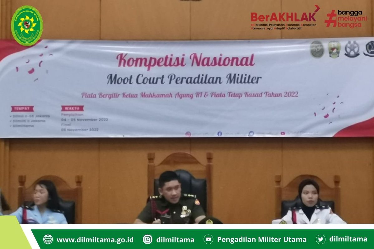 dilmiltama's tweet photo. Kompetisi Nasional Moot Court Peradilan Militer Piala Bergilir Ketua MA RI dan piala tetap kasad bertempat di Pengadilan Militer Utama https://t.co/nvPCcreZIG