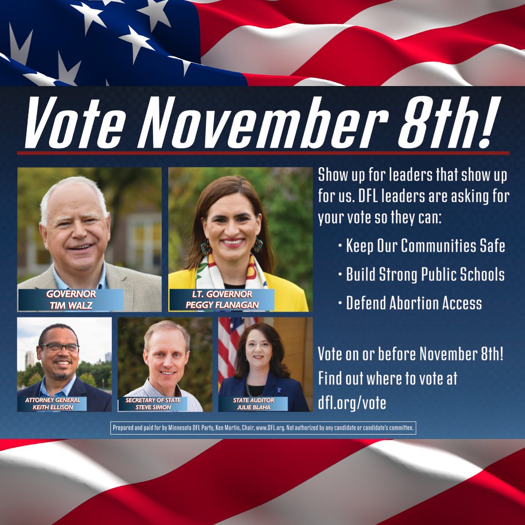 insightnews's tweet photo. Show up for leaders that show up for us. DFL leaders like Keith Ellison, Tim Walz, and Steve Simon are asking for your vote! 

Visit https://t.co/kkdgfRKqNf 

#Election2022 #Safety #Schools #Choice #Freedom @MinnesotaDFL #Minnesota #Minneapolis #Democracy @TheDemocrats https://t.co/6zywASnjiT
