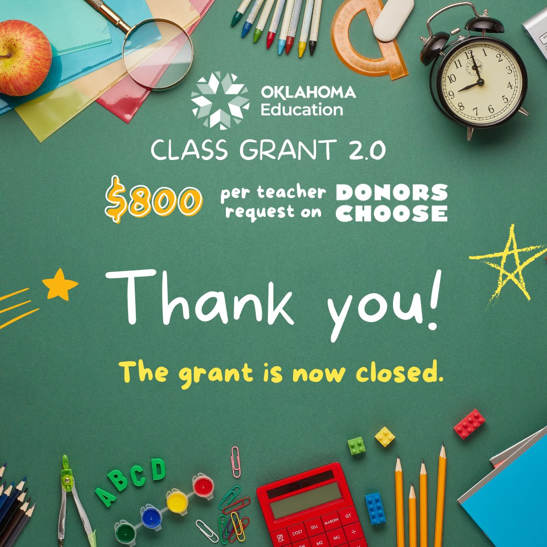 oksde's tweet photo. Thank you for participating!! Due to the overwhelming response we've received, all Oklahoma codes have been deactivated on @DonorsChoose and all grant funds have been expended. CLASS Grant 2.0 is now closed. #oklaed https://t.co/NrRokd7hCV