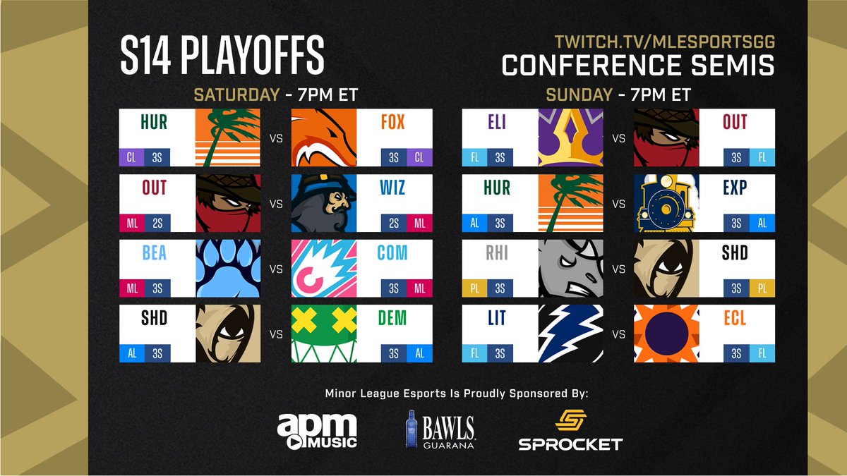 The Season 14 #Playoffs continue this weekend on the #MLENetwork

Tune in from 7pm ET Sat. &amp; Sun. for Conference Semi-Final action in presentation with <a href="/APMMusic/">APM Music</a> 

📺 twitch.tv/mlesportsgg

#MLE #MLE14 #MLEPlayoffs #RocketLeague #Esports