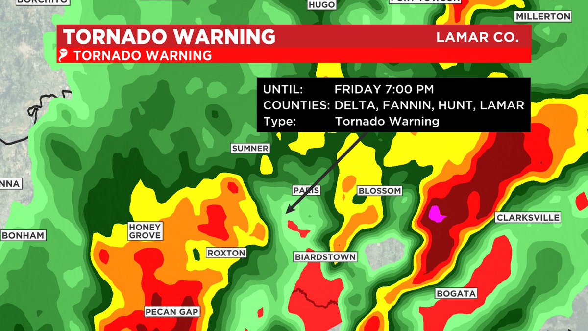 TORNADO WARNING is in effect for Lamar County. CBSDFW.com/weather for more information. #CBS11wx