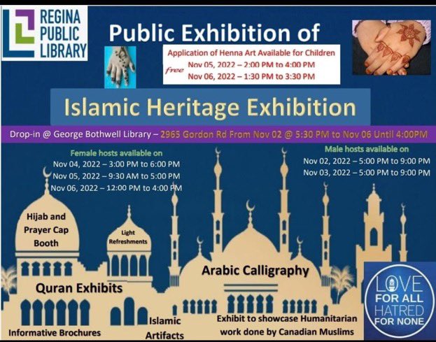 evanbrayshow's tweet photo. Enjoyed my visit to #GeorgeBothwell @OfficialRPL to learn more about the #muslim community in #yqr.  Thank you to @Mosqueregina1 for the incredible Exhibit and discussion!  This beautiful exhibition goes through the weekend, pls pop by for a chat. @ahmadiyyacanada #luv4all https://t.co/lTx42j6PhC
