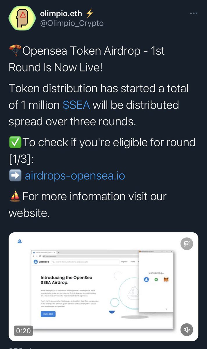 OlimpioCrypto's tweet photo. 🚨 FAKE $SEA airdrop 🚨

Careful everyone, scammers at it again with a Fake @opensea airdrop, they even did a fake promo video. 

They are doing a Quote RT + tagging people. Stay safe, always check my username is @OlimpioCrypto

Also, always go to the protocol’s Twitter accs

⚠️ https://t.co/0iIhavEWdf