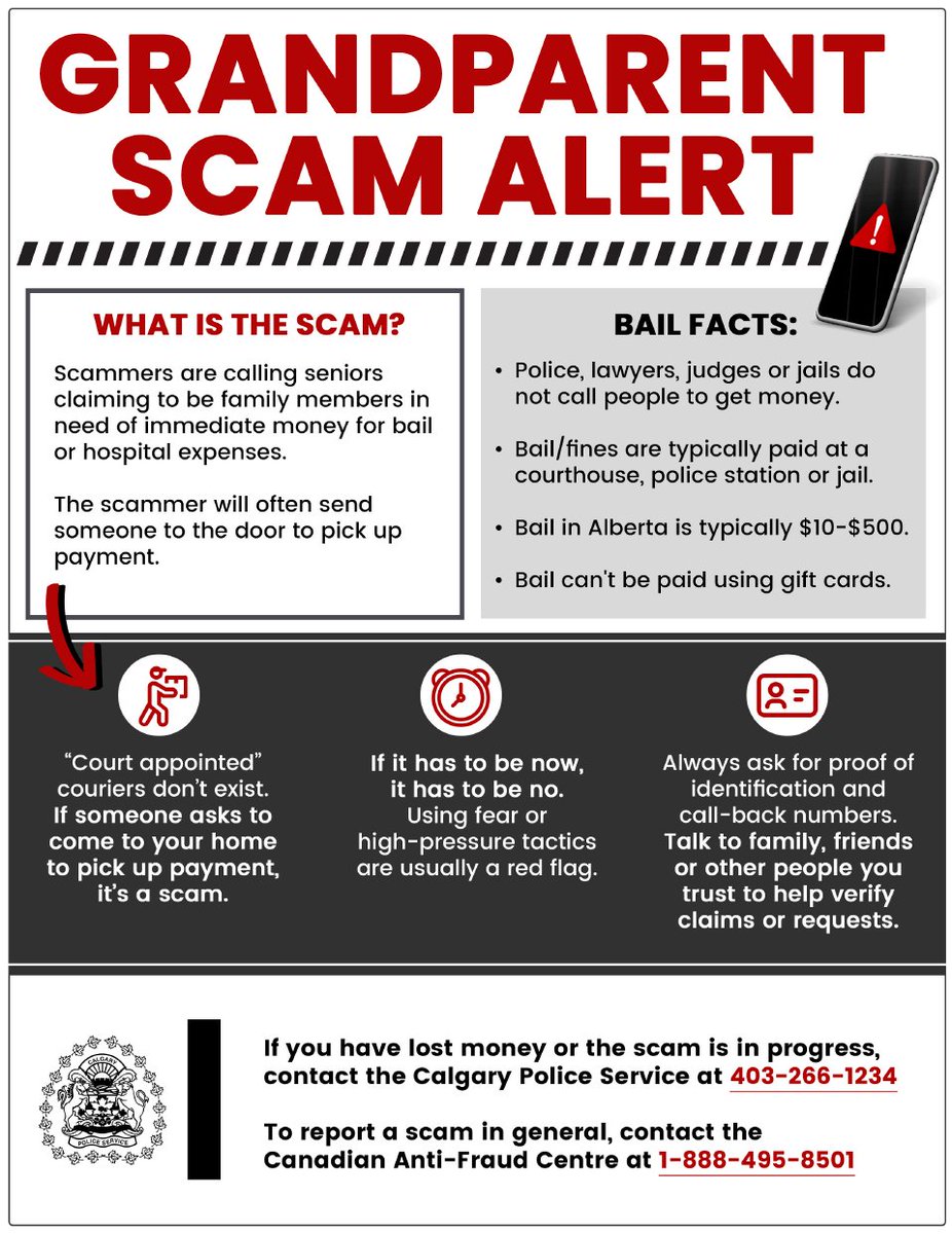 EvanSpencerYYC's tweet photo. There are many reports of scams happening. CPS would like you to be aware of them and take caution:
Grandparent Scam:
https://t.co/huenMXhf2B
Email scams targeting businesses: https://t.co/fIensew9MH
Email scams: https://t.co/Zp3h90YYBM
Distraction Thefts: https://t.co/mws8uEyqkn https://t.co/oAldWIW6xg