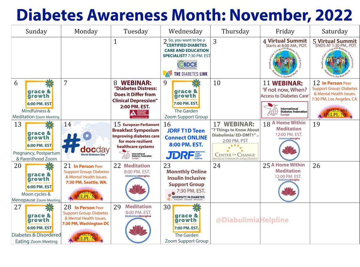 We’ve put together a calendar for #DiabetesAwarenessMonth 2022 &amp; all the amazing #diabetes events offered! Whether you choose to go to an online event, dial in to a webinar, or attend an in-person meet up, find a way to CONNECT with fellow #PWD (people with diabetes) this #NDAM!