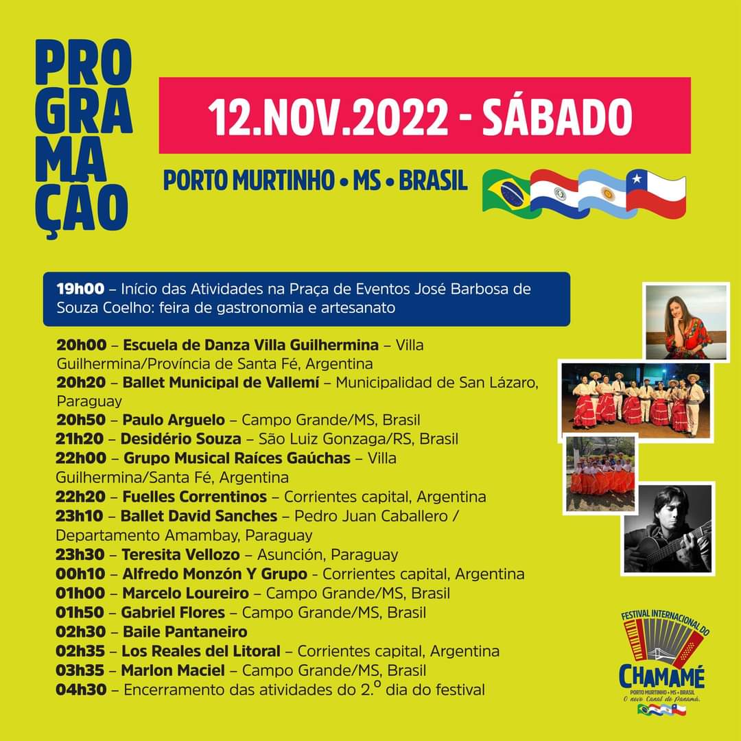🪗O Chamamé, com suas vertentes e influências, é destaque em Porto Murtinho. 

🇦🇷Argentinos, 🇵🇾Paraguaios e 🇧🇷Brasileiros se unem no palco para apresentar as diversas faces dessa rica expressão musical e cultural. 

📄Confira a programação do 2º dia do Festival.