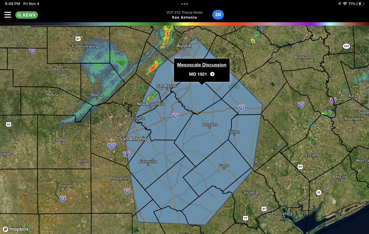 wxprobrian's tweet photo. 6:49PM: Storm Prediction Center says area in blue trends are being monitored for the potential for a severe weather watch. Cold front moving through Boerne heading up toward the Austin area. There is still a chance for showers and storms to develop in the SA area. https://t.co/Wngn9D3o76