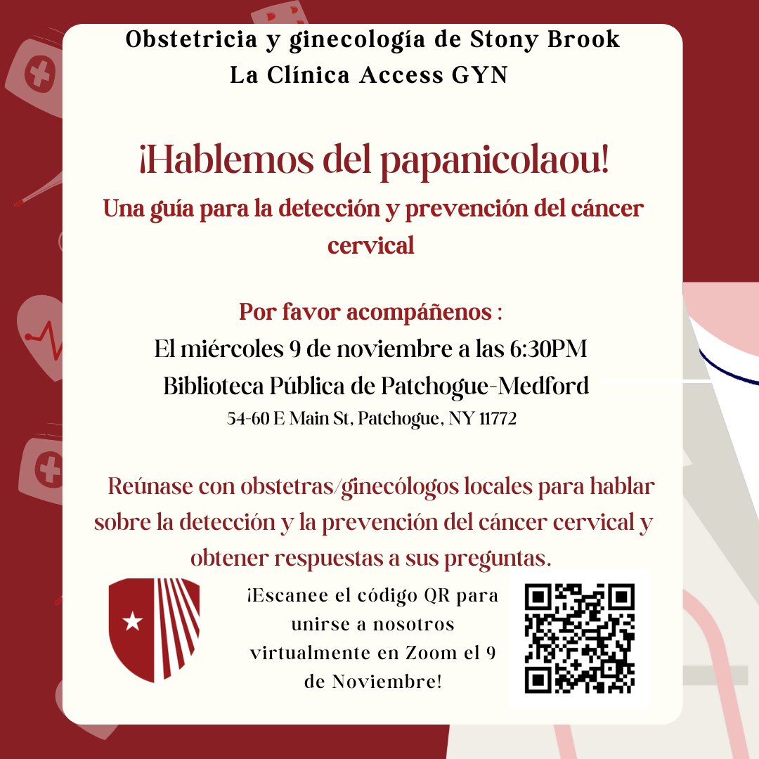 FREE opportunity being hosted by Access GYN clinic. This clinic in Bohemia offers free gynecological care to patients regardless of insurance status. On 11/9 @StonyBrookMed will be providing a program about cervical cancer & HPV at @pmlib Resources available in English & Spanish