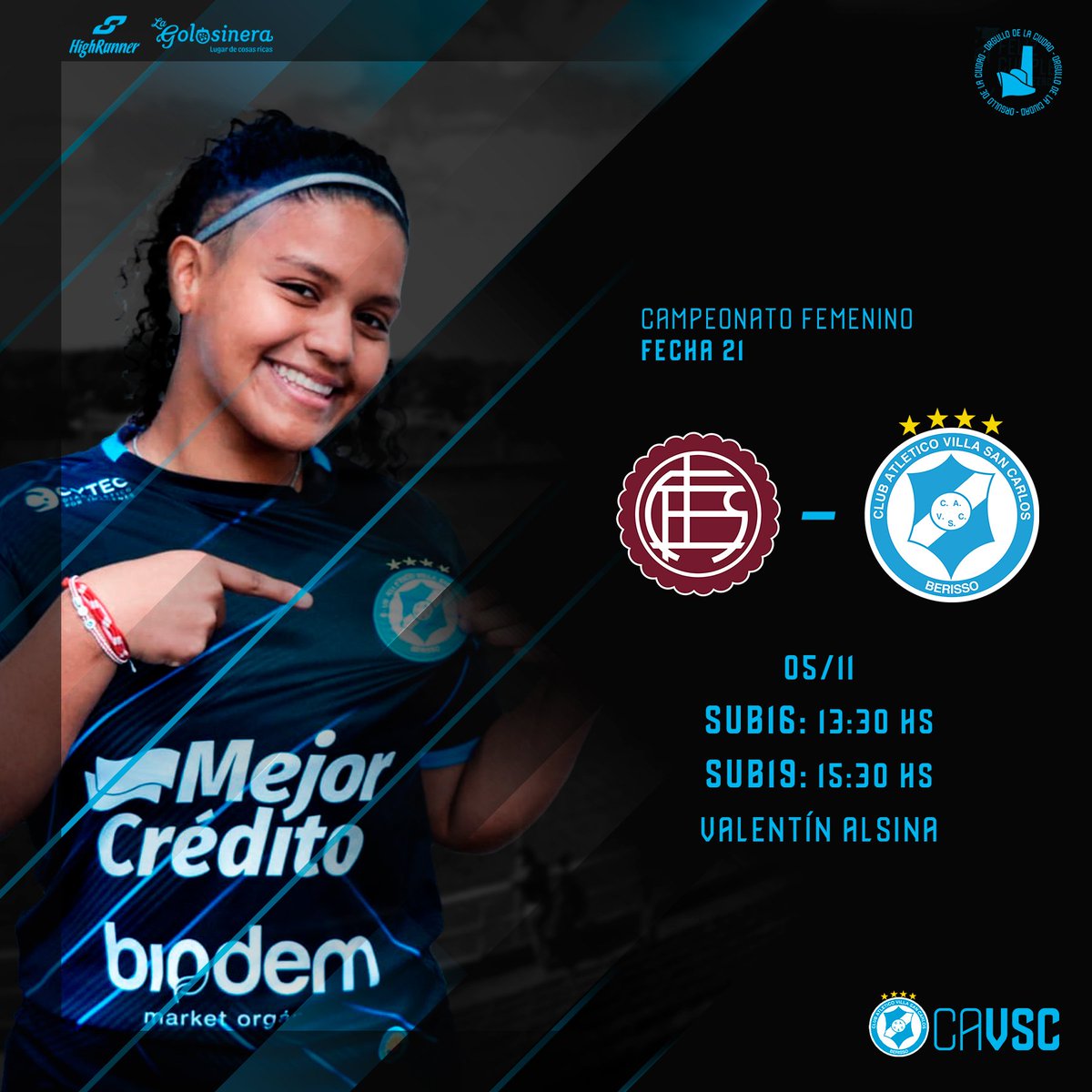 VSCFem's tweet image. 🤩⚡¡Visitamos a las Granates!

📅 Sábado 5/11
⏱️ 13:30 hs (Sub16)
⏱️ 15:30 hs (Sub19)
🏟️ Valentín Alsina
⚔️ @clublanus

#SomosVillaSanCarlos
#VSCFem