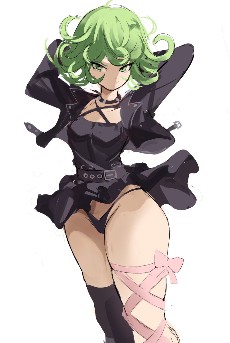 tatsumaki 1girl solo green hair black dress white background green eyes jacket  illustration images