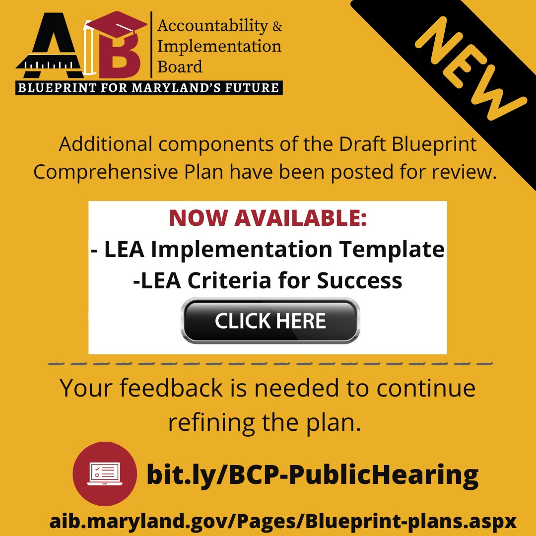 The AIB and MSDE have released the Draft LEA Template and Draft Criteria for Success.  They are available for download on the AIB website: aib.maryland.gov/Pages/Blueprin…
Your feedback is requested! docs.google.com/forms/d/14fKfL…
