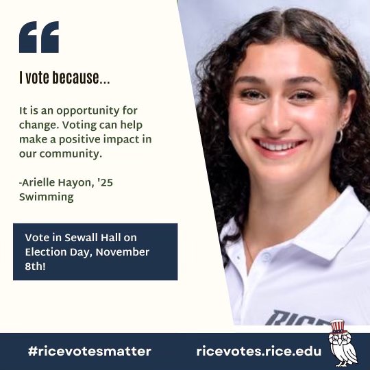 RiceSAAC's tweet photo. “Rice Athletes Vote because…”
- Today was the last day of early voting
- Election Day is Tuesday, November 8th
- Vote in Sewell Hall from 7 am-7 pm.
Do your civic duty, get out and vote!
#ricevotesmatter #ricevotes https://t.co/JCdKg1o57G