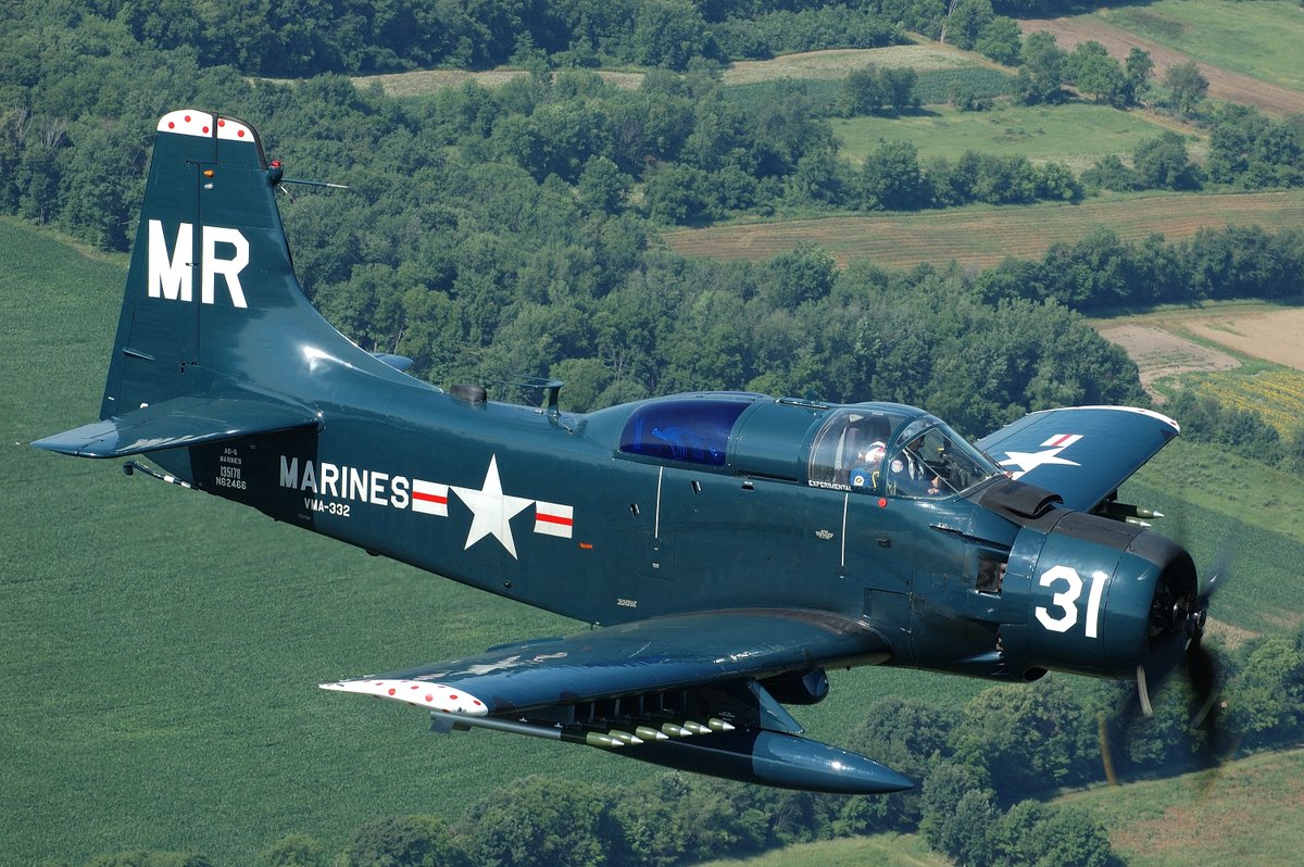 platfighters's tweet image. For Sale: 1955 Douglas AD-5 Skyraider. Full dual controls, six seats. Drop tanks, rockets. An original and historic warbird. More info at platinumfighters.com #skyraider #Ad5 #marines #devotion #platinumfightersales