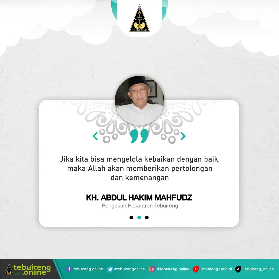 tebuirengonline's tweet photo. Jika kita bisa mengelola kebaikan dengan baik, maka Allah akan memberikan pertolongan dan kemenangan

~ KH. Abdul Hakim Mahfudz,  Pengasuh Pesantren Tebuireng https://t.co/1unnyT8Nl5