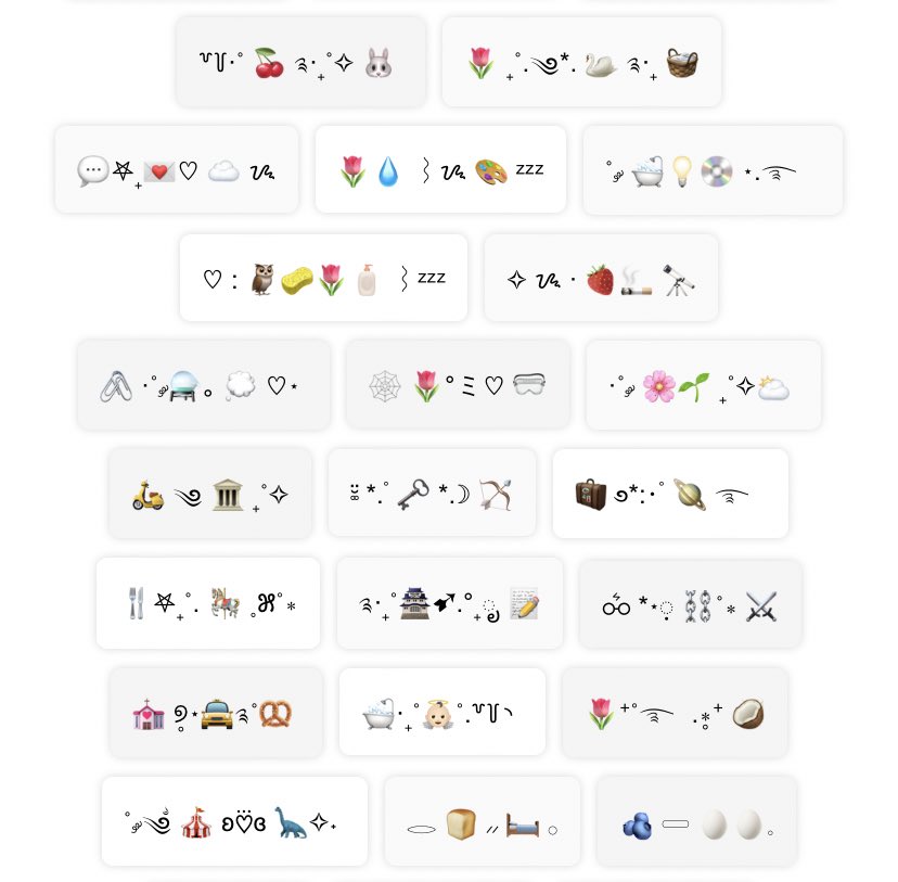 여기 징짜 나만 알고 싶은 곳인데,,
구분선/이모티콘 등등 특수문자 아트 모음 잔뜩 있는 곳! sns에서 사용하기 딱조은 아스키아트,,

𓈓 🧺 ☁️🧴𓈈◞
⊹ 🥛🧸◌ 🪟 𓏬
♡ ⋆⁺₊⋆ ☾⋆⁺₊⋆ ♡̷̷̷ ⋆⁺₊⋆ ☾⋆⁺₊
⋆｡ﾟ☁︎｡⋆｡ ﾟ☾ ﾟ｡⋆
✧ʚ .·:*¨༺♡༻¨*:·. ɞ✧

:¨·.·¨:
 `·..·‘