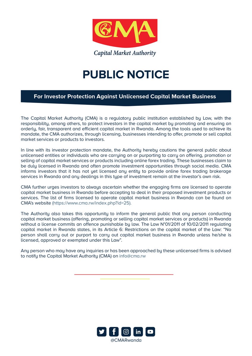 .<a href="/CMARwanda/">Capital Market Authority | Rwanda</a> cautions the general public about unlicensed entities or individuals who are carrying on or purporting to carry on offering, promoting or selling capital market services or products including online forex trading in #Rwanda.