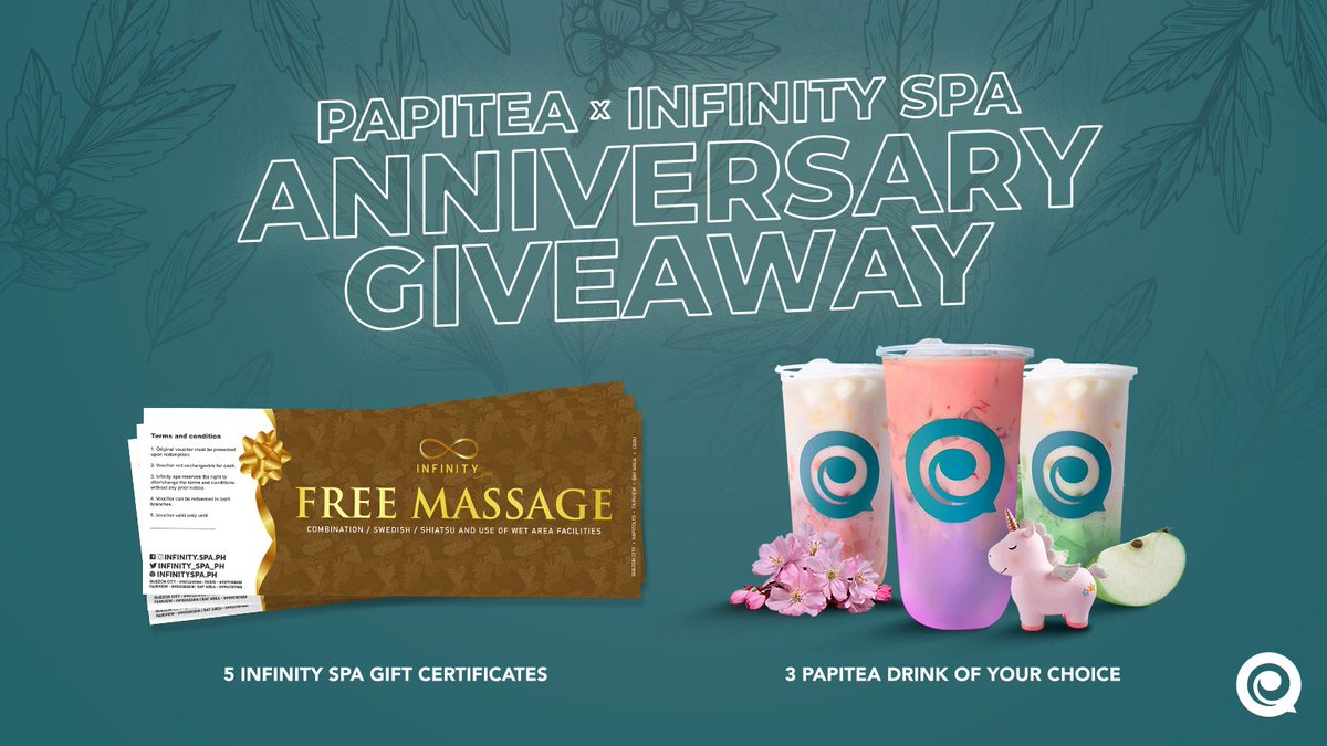 It's PAPITEA's first anniversary at Greenfield! QRT and like this post with #PAPITEAxINFINITYSPA #PapiteaGFAnniversary. Prizes await for 8 LUCKY MANCAVERS! 5 INFINITY SPA Gift Certificates 3 Papitea Drink of your choice Thank you @infinity_spa_ph! 🦋♾