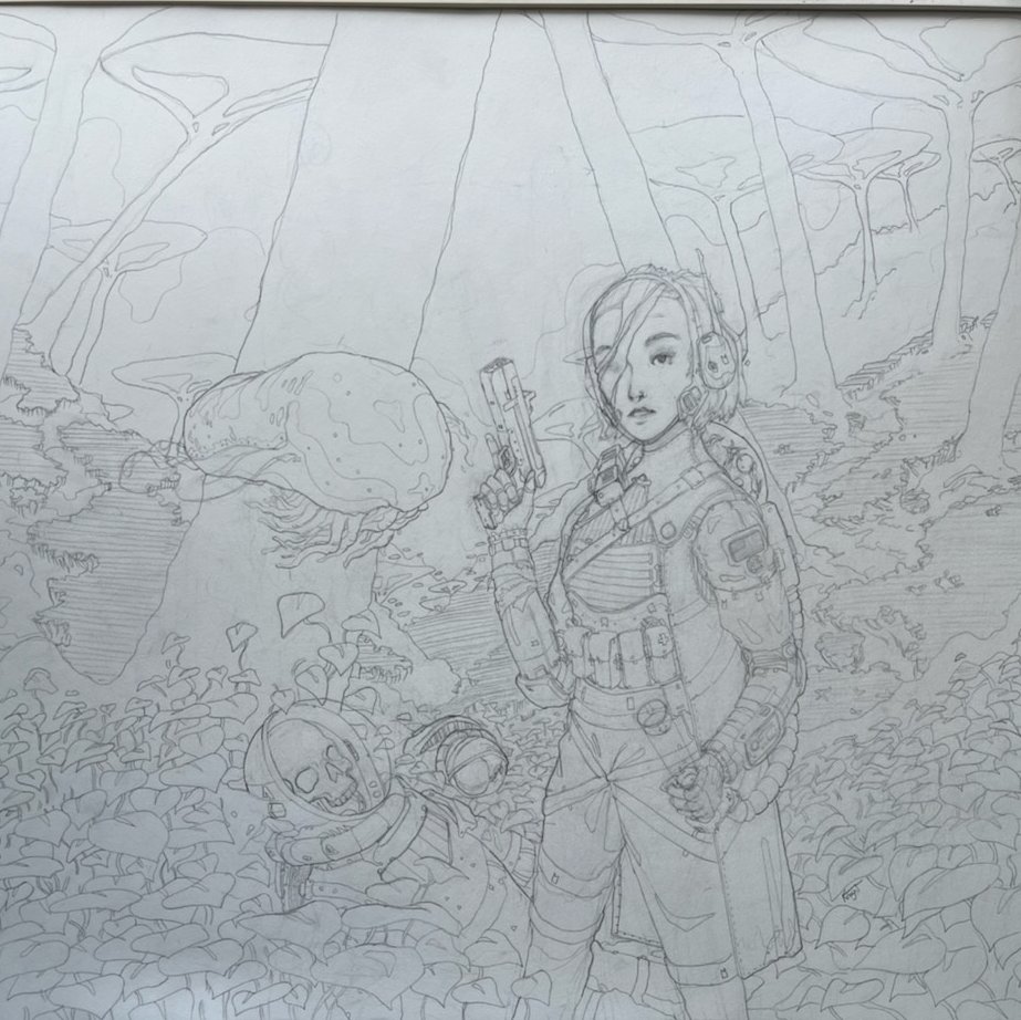 Knightsundere's tweet image. don't know if i'll ever finish the inking for this so here it is. some random chick and some dead colleagues, the latter of which killed by some little floating worm thing