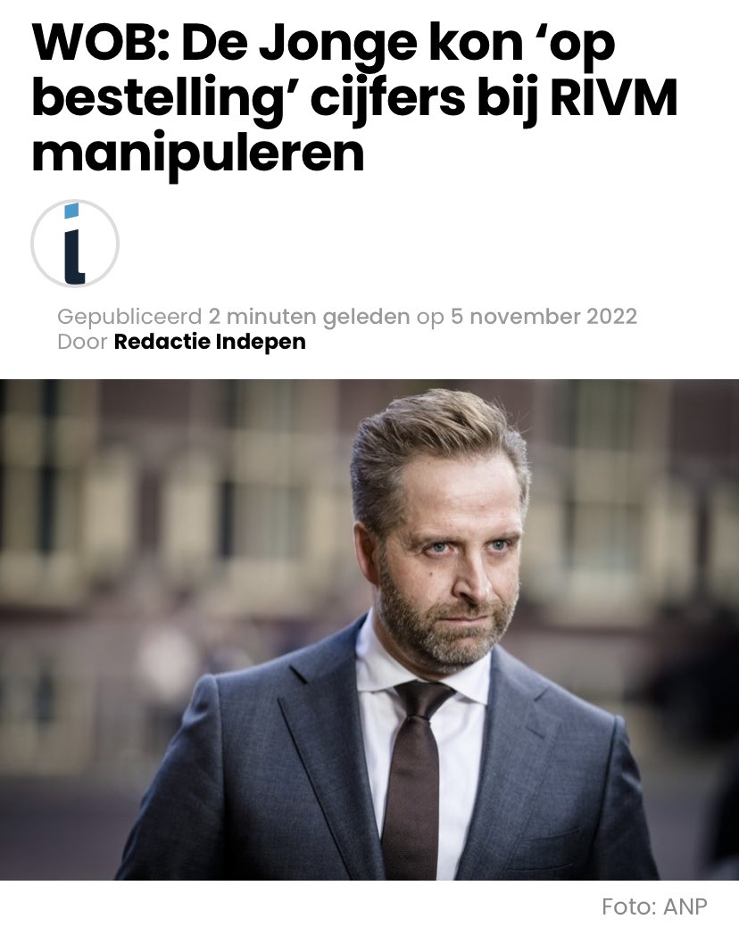 Een zeer ontluisterend WOB-stuk van Ferdi Tuinman is opgedoken waaruit blijkt dat Hugo de Jonge in staat bleek om het wetenschappelijk instituut RIVM (door t ministerie van VWS betaald) zover te krijgen dat zij cijfers manipuleerden zonder vermelding. 

🕸 indepen.nl/wob-de-jonge-k…