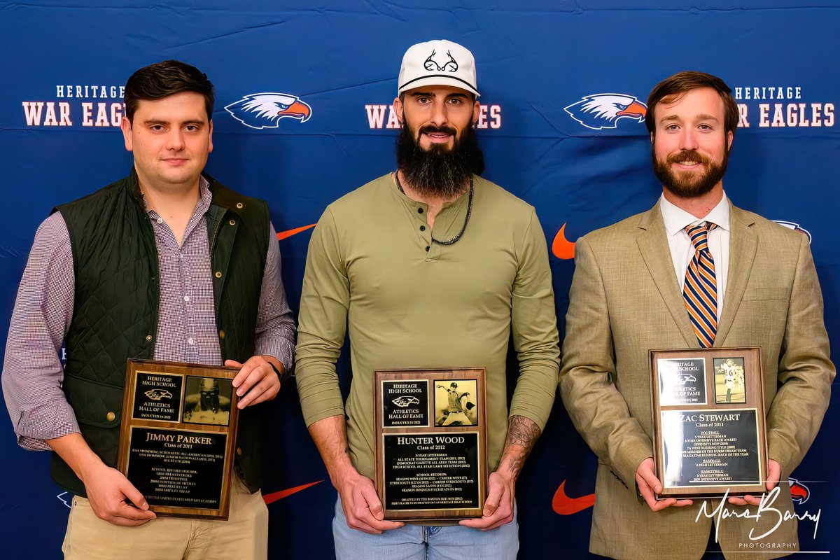 MarcBarryPhoto's tweet photo. Congratulations to the inaugural 2022 Heritage Athletics Hall of Fame inductees (L to R) Jimmy Parker (Swimming - c/o 2011), Hunter Wood (Baseball - c/o 2012), Zac Stewart (Football - c/o 2011)

@war_heritage @RogersHeritage @RPS_Athletics https://t.co/VHrlL2GBag