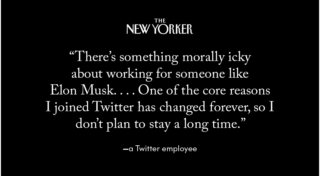 On Friday, layoffs began in earnest at Twitter. One employee spoke anonymously with The New Yorker about the atmosphere at the company, and shared their predictions for what the Musk-run platform will look like in the future. nyer.cm/MJllOLd