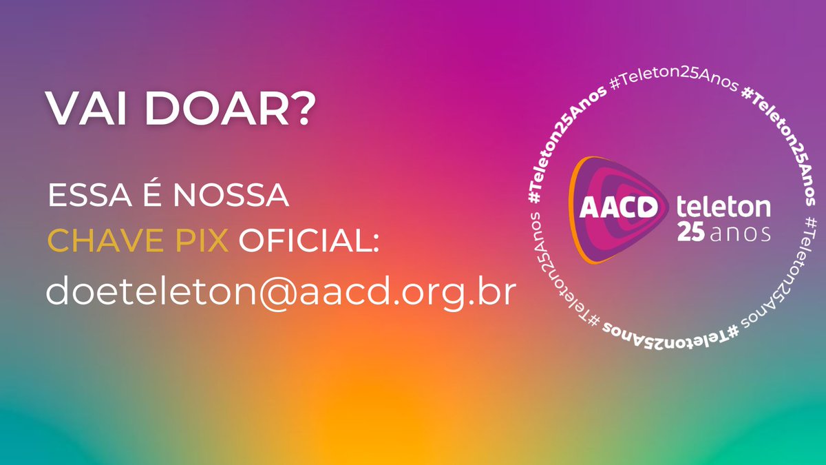 Atenção! 
Tem chave pix falsa rolando, reforçamos que o chave Pix oficial para doar ao Teleton é:
doeteleton@aacd.org.br