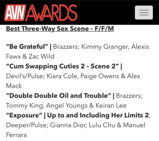 Thank you @avnawards for 2 nominations! Best 3-way MFM &amp; FFM, you know I love playing with others ;)<a class="tags" target="_blank" title="On Twitter" href="/?out=eyJ0eXAiOiJKV1QiLCJhbGciOiJIUzUxMiJ9.eyJpYXQiOjE3MTk0NzQ4MTUsImlzcyI6InR3cG9ybnN0YXJzLmNvbSIsIm5iZiI6MTcxOTQ3NDgxNSwiZXhwIjoxNzUxMDEwODE1LCJyZWRpcmVjdF91cmwiOiJodHRwczovL3R3aXR0ZXIuY29tL2F2bmF3YXJkcyJ9.S1Jcl5Qezmyx0a-czUlCa3B1QF18j2CA6BZDcMNEUp99rqGg_uEE8G2IGxamJ7jR3kGKaELQfYtX09OHX2HjXQ">@avnawards</a><a href="/tag/pornament"class="tags"><span>#pornament</span></a>