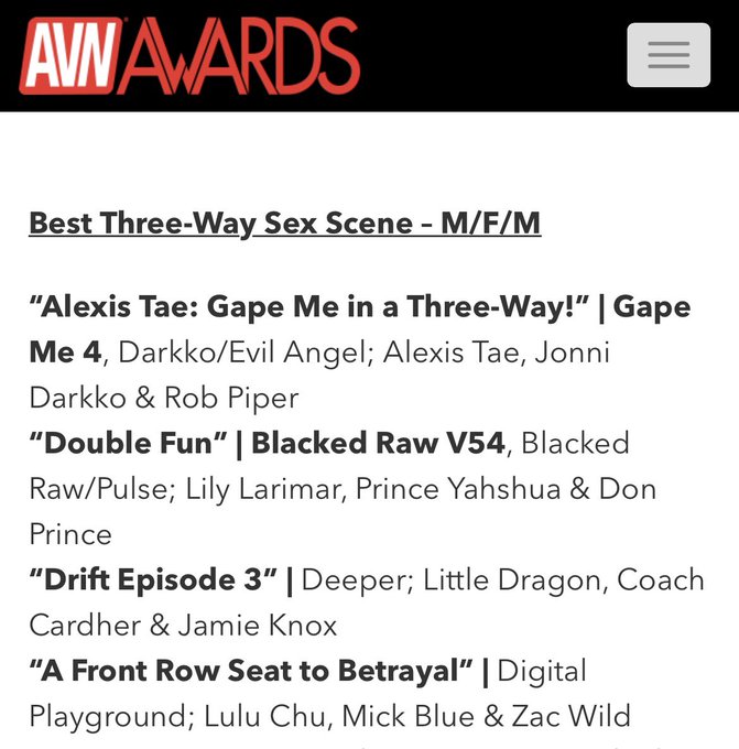 Thank you @avnawards for 2 nominations! Best 3-way MFM &amp; FFM, you know I love playing with others ;)<a class="tags" target="_blank" title="On Twitter" href="/?out=eyJ0eXAiOiJKV1QiLCJhbGciOiJIUzUxMiJ9.eyJpYXQiOjE3MTk0NzQ4MTUsImlzcyI6InR3cG9ybnN0YXJzLmNvbSIsIm5iZiI6MTcxOTQ3NDgxNSwiZXhwIjoxNzUxMDEwODE1LCJyZWRpcmVjdF91cmwiOiJodHRwczovL3R3aXR0ZXIuY29tL2F2bmF3YXJkcyJ9.S1Jcl5Qezmyx0a-czUlCa3B1QF18j2CA6BZDcMNEUp99rqGg_uEE8G2IGxamJ7jR3kGKaELQfYtX09OHX2HjXQ">@avnawards</a><a href="/tag/pornament"class="tags"><span>#pornament</span></a>