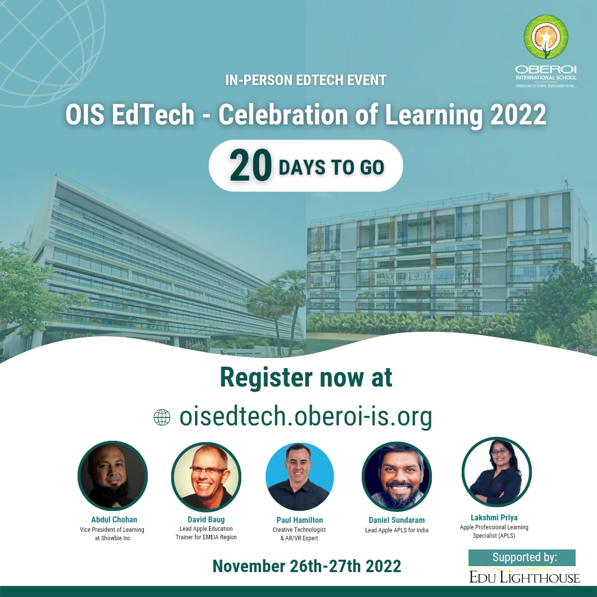 Oberoi International School (@oismumbai) on Twitter photo 20 days to go! Register now to hear from some of the top global education and educational technology experts at the OIS Celebration of Learning! View the schedule here oisedtechcelebrationoflearn.sched.com
<a href="/Abdulchohan/">Abdul Chohan</a> <a href="/AppleEDU/">Apple Education</a> <a href="/TAOLearn/">Lance G King</a> @paulhamilton8 <a href="/Lakshmi8297/">Lakshmi Priya</a> <a href="/DanielSundaram/">Daniel Sundaram</a> #OISCOL22 20 days to go! Register now to hear from some of the top global education and educational technology experts at the OIS Celebration of Learning! View the schedule here oisedtechcelebrationoflearn.sched.com
<a href="/Abdulchohan/">Abdul Chohan</a> <a href="/AppleEDU/">Apple Education</a> <a href="/TAOLearn/">Lance G King</a> @paulhamilton8 <a href="/Lakshmi8297/">Lakshmi Priya</a> <a href="/DanielSundaram/">Daniel Sundaram</a> #OISCOL22
