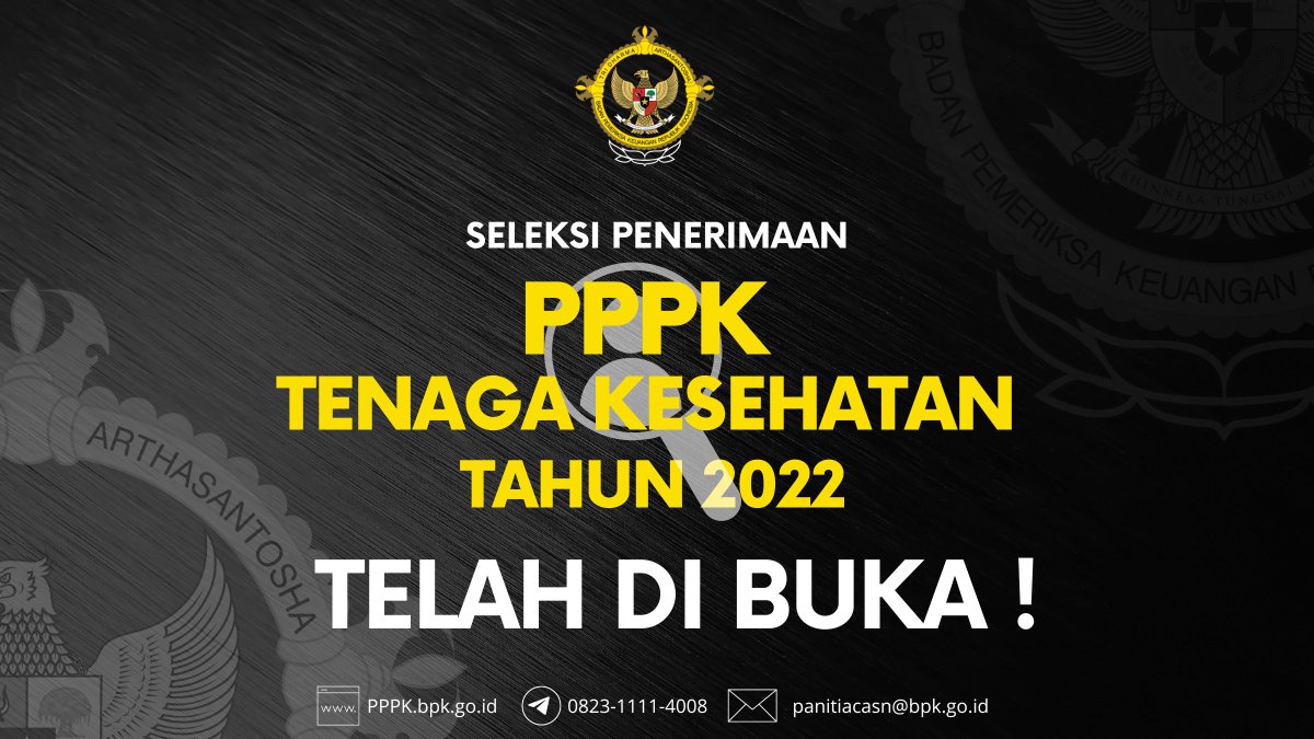 Selamat Pagi, Semoga kamu selalu dalam keadaan sehat.
Bagi kamu yang ingin jadi ASN, persiapkan diri untuk bergabung bersama kami diseleksi PPPK BPK Tahun 2022. Pendaftaran PPPK Tenaga Kesehatan sudah mulai bisa kamu ikuti ... Yuk Gabung !