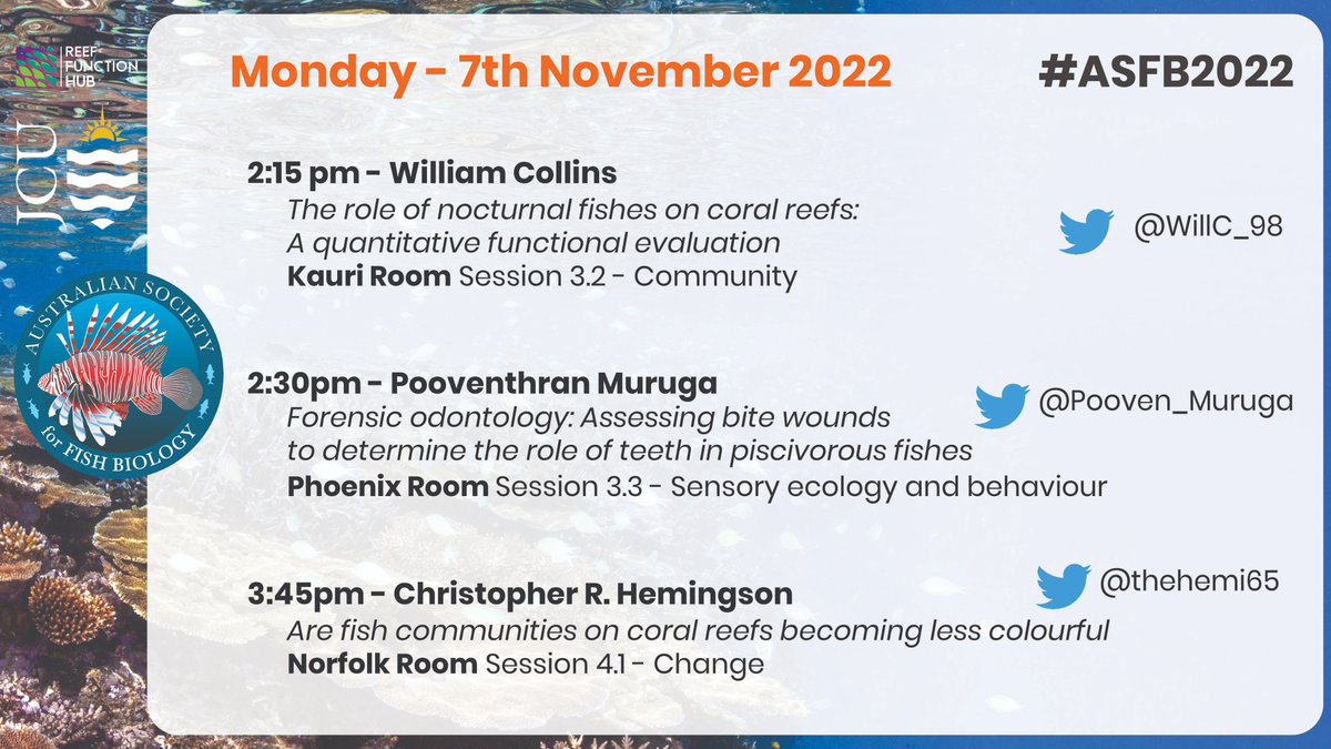 Reef Function Hub (@reeffunctionhub) on Twitter photo Hello #ASFB2022! 👋🐠🐟🐡🦈🎣
Conference Day1 !! 🎤😃
Come along this arvo, for talks from our #PhD students Will & Pooven, and our recent alumn Dr Chris!
<a href="/WillC_98/">William Collins</a>, <a href="/Pooven_Muruga/">Pooven Muruga</a>, <a href="/thehemi65/">Dr. Christopher Hemingson</a>
Between them, they'll talk on
🌟nocturnal predation colours🌟😮
<a href="/AustSocFishBiol/">ASFB</a> Hello #ASFB2022! 👋🐠🐟🐡🦈🎣
Conference Day1 !! 🎤😃
Come along this arvo, for talks from our #PhD students Will & Pooven, and our recent alumn Dr Chris!
<a href="/WillC_98/">William Collins</a>, <a href="/Pooven_Muruga/">Pooven Muruga</a>, <a href="/thehemi65/">Dr. Christopher Hemingson</a>
Between them, they'll talk on
🌟nocturnal predation colours🌟😮
<a href="/AustSocFishBiol/">ASFB</a>