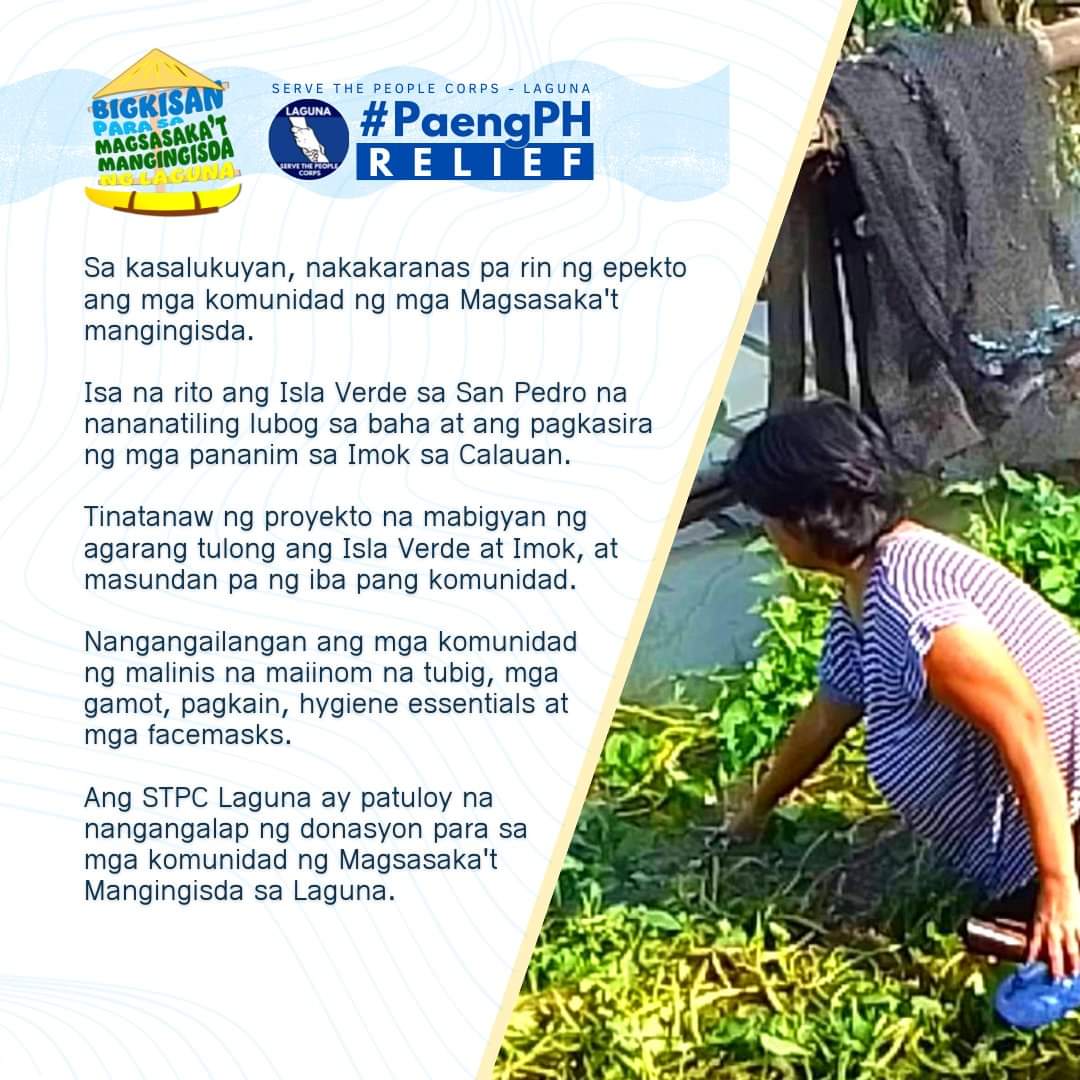 STPCLaguna's tweet photo. BIGKISAN PARA SA MAGSASAKA'T MANGINGISDA NG LAGUNA 

Bayanihan para sa mga Magsasaka't Mangingisda ng Laguna na nasalanta ng Bagyong Paeng https://t.co/Y2ZccJVg53