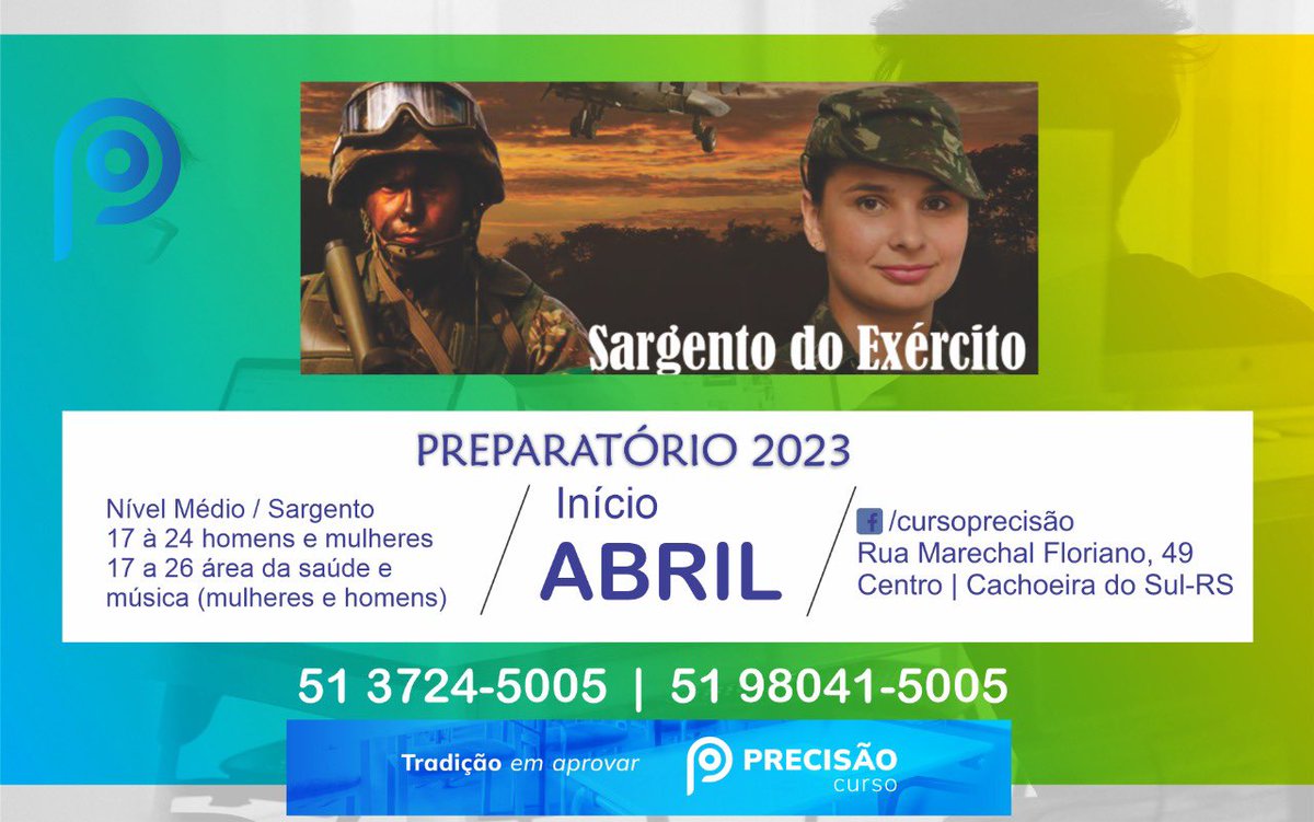 CursoPrecisao's tweet photo. ESA 2023
ESCOLA DE SARGENTOS DAS ARMAS
(Sargento do Exército, Áreas da Música e Saúde inclusive para Mulheres)

- Concurso da ESA 2023
Escolaridade: Médio
Idade: 17 a 24 anos para Sargento Combatente, Logística Técnica e Aviação; 17 a 26 anos para Sargento Áreas de Saúde e Música https://t.co/JKCmBBScg5