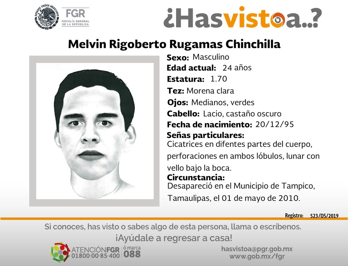 📢 Personas Desaparecidas | ¡Tu colaboración es importante! 

Si conoces o #HasVisto a esta persona, llama al 800 00 85 400 o escribe al correo hasvistoa@fgr.org.mx