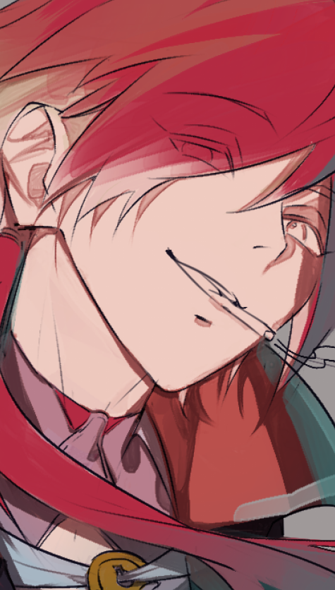 1boy male focus solo red hair smile hair over one eye looking at viewer  illustration images