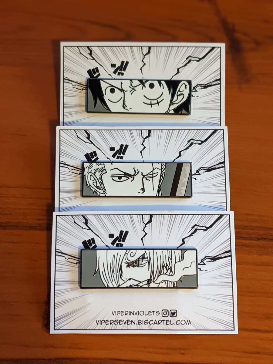 Mininomoru's tweet photo. Coming home to these one piece boys showing up at my door thank you for making these amazing pins @viperinviolets 🥴🥰 they look so good in person https://t.co/hn1dypQwyo