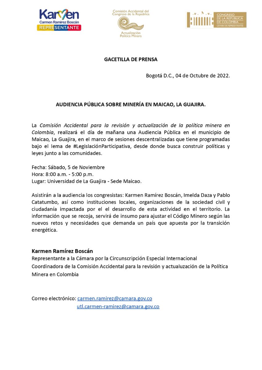 Wayunkerra's tweet photo. 📣 Comunicado de prensa📣

Audiencia Pública sobre minería en Maicao, Guajira.

@MinAmbienteCo @susanamuhamad
@MinEnergiaCo @IreneVelezT

#LegislaciónParticipativa #códigominero https://t.co/3ANpQmlYuP