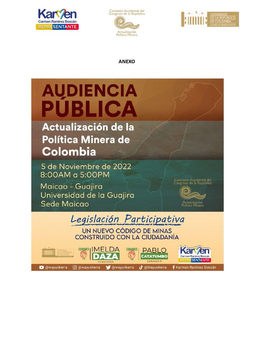 Wayunkerra's tweet photo. 📣 Comunicado de prensa📣

Audiencia Pública sobre minería en Maicao, Guajira.

@MinAmbienteCo @susanamuhamad
@MinEnergiaCo @IreneVelezT

#LegislaciónParticipativa #códigominero https://t.co/3ANpQmlYuP