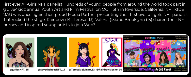 Super thrilled to see some of our amazing kid artists spotlighted <a href="/nftwatcher_net/">NFTWatcher</a>👉 bit.ly/3FNCthk
@Give4Kidz <a href="/RainbowMosho/">Rainbow Mosho NFTNYC | MoonMars | United Nations</a>
<a href="/TeresaMelvinart/">Teresa Melvin</a> <a href="/Valeria_NFT/">Valeria</a>
<a href="/SavethebeesNFTs/">SavetheBeesNFTs 🎙#NFTNYC #MiamiNFT #NFTLA</a> 
<a href="/Rosewolf_artist/">Rosewolf -Speaker @ NFT-London & NFT-Tallinn</a> NFTLondon
Eric <a href="/NFTKidJ/">Sailing Brothers</a> &amp; Hollywood actor <a href="/ScottyStunts/">Scott Hunter</a> <a href="/MomOfEdenG_nft/">EdenG's Parents</a>'s fab art