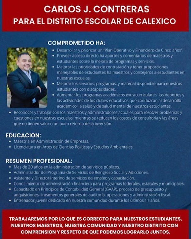 CalexicoACT's tweet photo. Please read and share the information on Carlos J. Contreras, one of ACT’s endorsed candidates for Calexico Unified School Board.  #clxact #WeAreCTA #demandbetterforcalexico #exijalomejorparacalexico https://t.co/rfSdcA58Cc