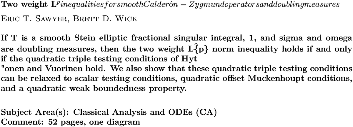 arxiv.org/abs/2211.01920…
E T Sawyer, B D Wick
Two weight L^{p} inequalities for smooth Calderón-Zygmund operators
  and doubling measures
