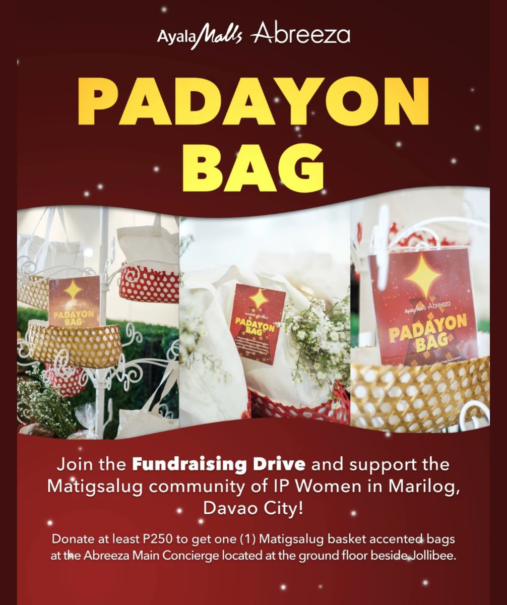 Give back to the community this Christmas by joining the Padayon Bag Christmas Fundraising Promo.

🤝 All proceeds will go to the Matigsalug community for the purchase of furniture and renovation of the Matigsalug IP Women Building in Marilog

📆 Promo runs from Nov 5 to Jan 8