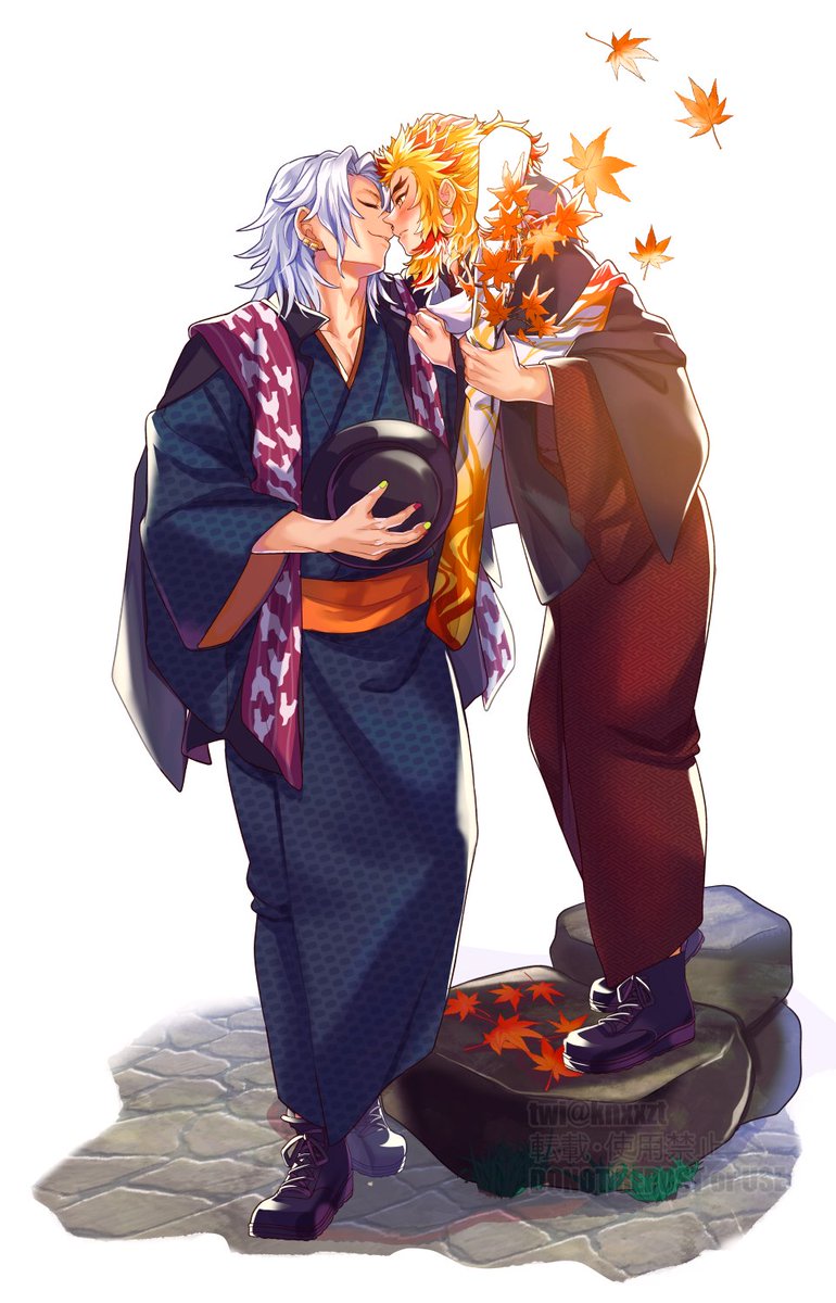 rengoku kyoujurou japanese clothes multiple boys male focus 2boys autumn leaves blonde hair forked eyebrows  illustration images