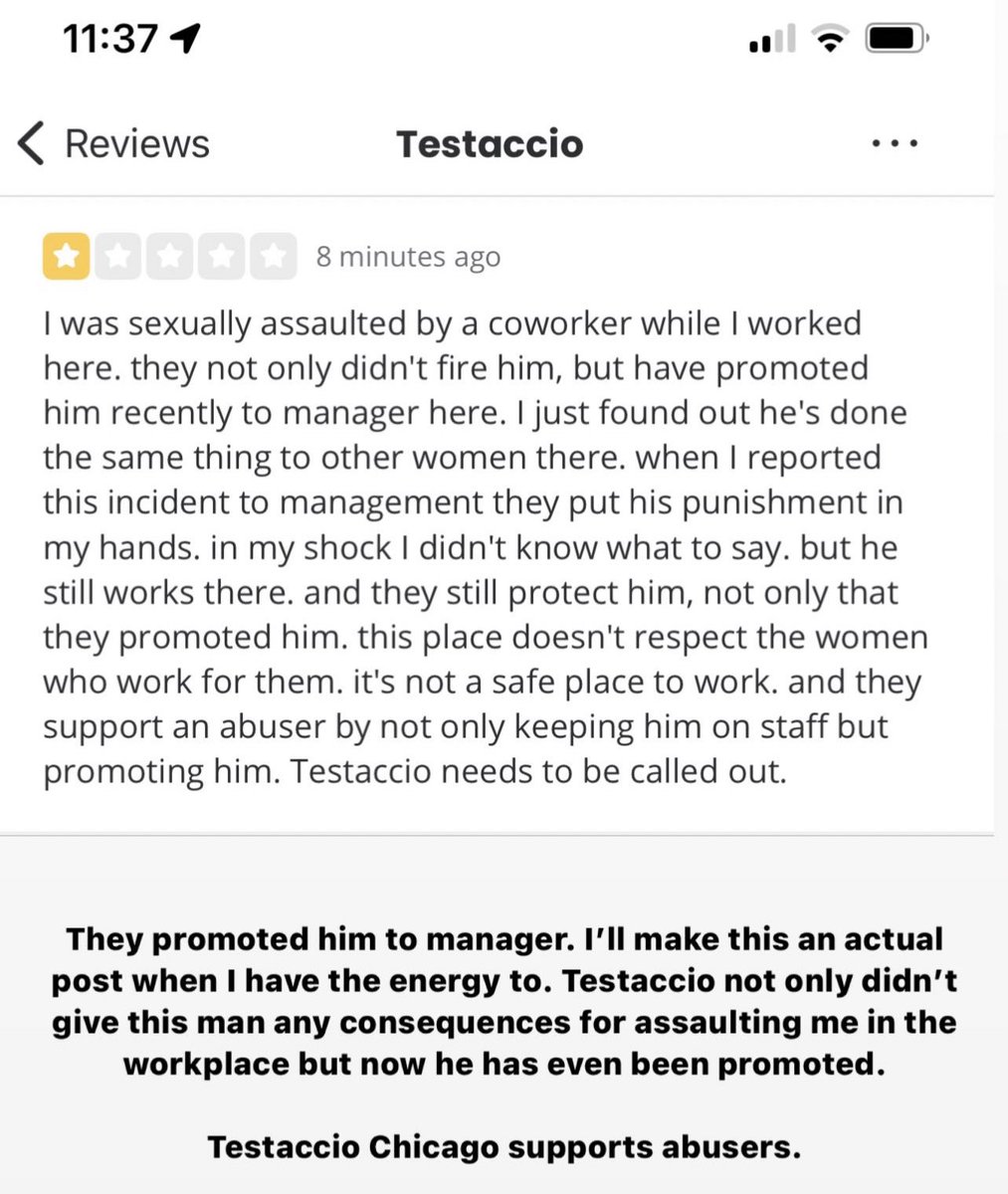 Testaccio Chicago not only didn’t fire the man who sexually assaulted me but they promoted him. I’m disgusted, furious, and disappointed. Please do not support this restaurant.

You can work for them and sexually assault your coworkers and get promoted for it. I want to throw up.