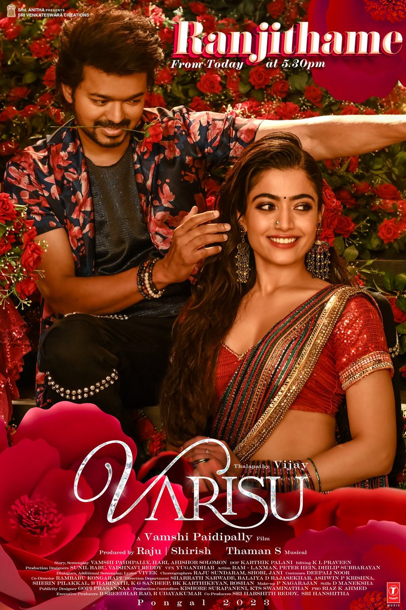 Sri Venkateswara Creations (@svc_official) on Twitter photo Let the countdown begin nanba 🔥
#RanjithameFromToday 5:30 PM.
🎙️ #Thalapathy <a href="/actorvijay/">Vijay</a> sir & <a href="/manasimm/">M.M.Manasi</a>
🎵 <a href="/MusicThaman/">thaman S</a>
🖊️ <a href="/Lyricist_Vivek/">Vivek</a>
<a href="/directorvamshi/">Vamshi Paidipally</a> <a href="/iamRashmika/">Rashmika Mandanna</a> <a href="/AlwaysJani/">Jani Master</a> #BhushanKumar #KrishanKumar #ShivChanana <a href="/TSeries/">T-Series</a>
#Ranjithame #Varisu #VarisuPongal Let the countdown begin nanba 🔥
#RanjithameFromToday 5:30 PM.
🎙️ #Thalapathy <a href="/actorvijay/">Vijay</a> sir & <a href="/manasimm/">M.M.Manasi</a>
🎵 <a href="/MusicThaman/">thaman S</a>
🖊️ <a href="/Lyricist_Vivek/">Vivek</a>
<a href="/directorvamshi/">Vamshi Paidipally</a> <a href="/iamRashmika/">Rashmika Mandanna</a> <a href="/AlwaysJani/">Jani Master</a> #BhushanKumar #KrishanKumar #ShivChanana <a href="/TSeries/">T-Series</a>
#Ranjithame #Varisu #VarisuPongal