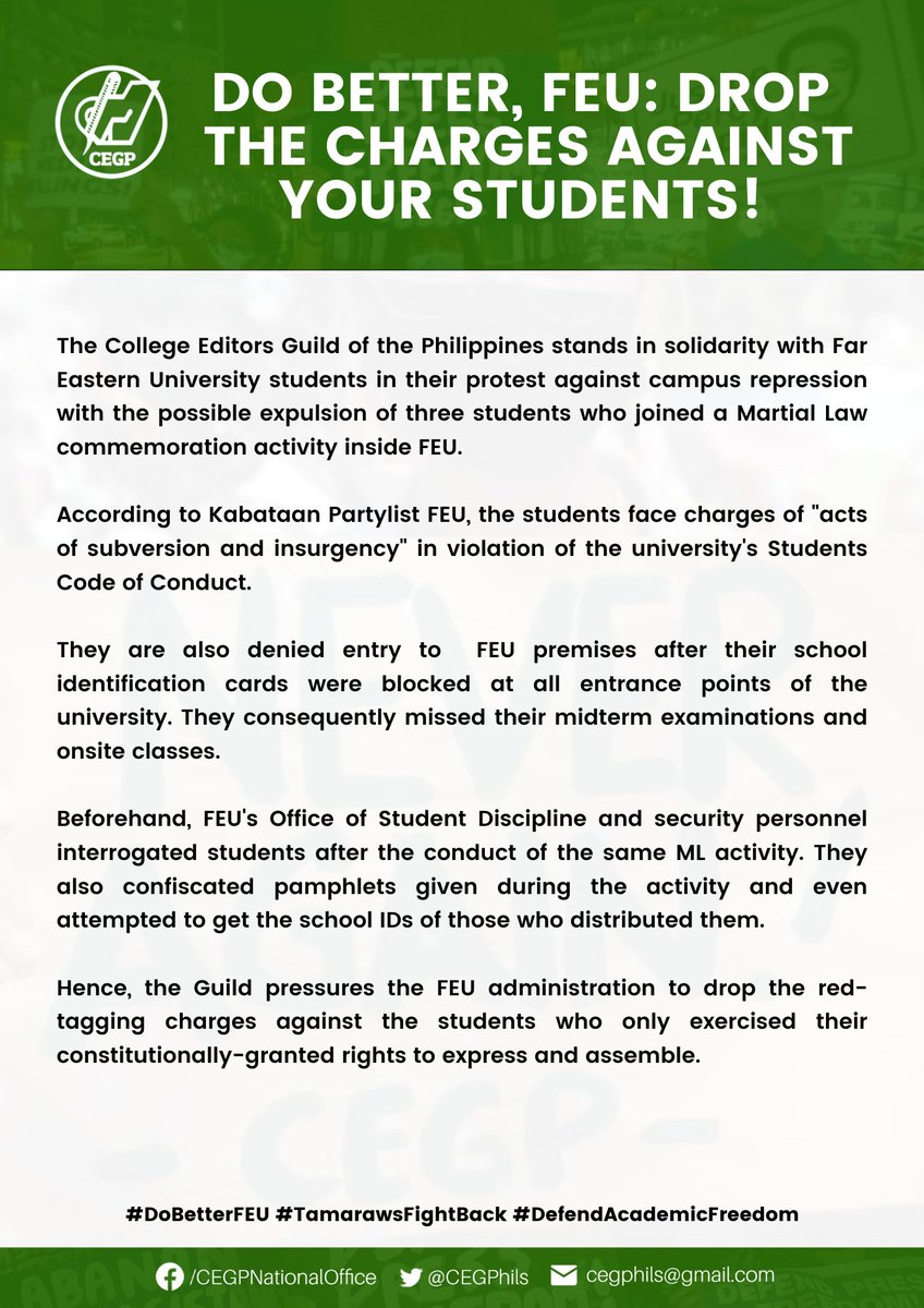 CEGPhilippines's tweet photo. Universities in the first place should be the safe havens of discourse. They must be pillars of critical thinking and nation-building, not institutions that silence legitimate advocacies and civic consciousness.

#DoBetterFEU
#TamarawsFightBack
#DefendAcademicFreedom https://t.co/yKCzFB3mi0