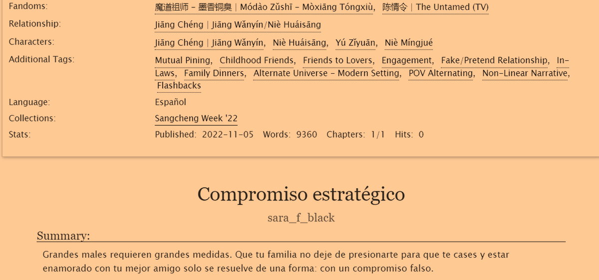 sara_f_black's tweet photo. ¡Aquí está mi contribución a la @sangcheng_week de este año!
FF. Compromiso estratégico. Sangcheng. 9360 palabras.
https://t.co/wDWtlZCbRF
#SCWeek22 https://t.co/oPJmBs0Mu6